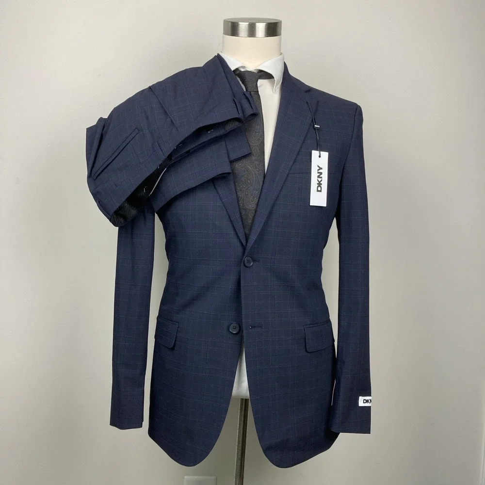 DKNY Mens Modern‎ fit 2-pc Suit Jacket 40L Navy Blue Solid Plaid Pants 35W 33L